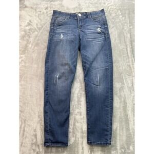 Democracy Jeans Womens Sz 6 Blue Skinny Stretch Disressed Whiskered Mid Rise